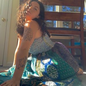 Boho multi pattern midi/maxi dress in cool tones